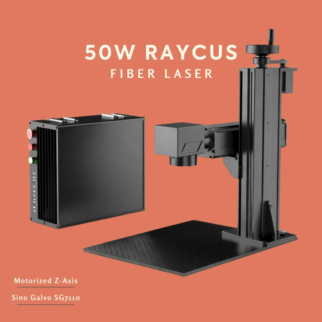 Industrial 50W Raycus fiber laser engraver for high-speed metal marking and deep engraving.