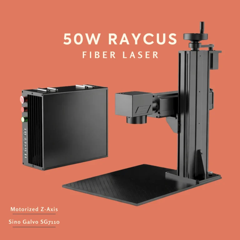 Industrial 50W Raycus fiber laser engraver for high-speed metal marking and deep engraving.
