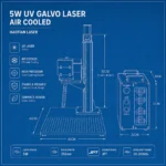 5W UV galvo laser air cooled Haotian Laser blueprint diagram with dimensions, JPT source, 355nm wavelength and 20–200kHz frequency range