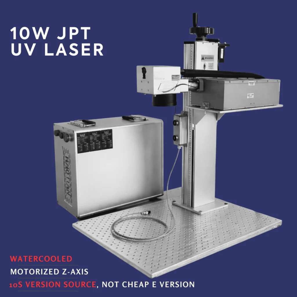 Industrial 10W JPT water-cooled UV laser marking system for stable, high-speed cold engraving