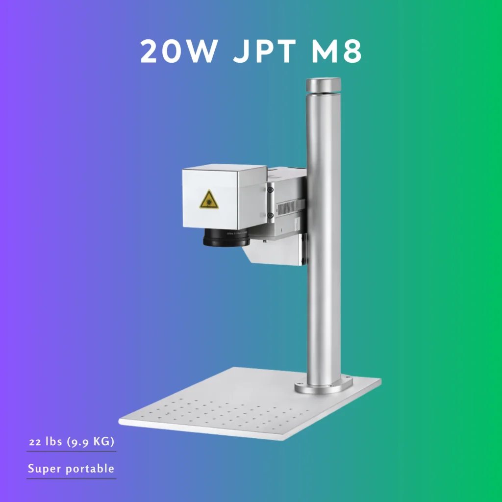 Portable 20W JPT M8 MOPA fiber laser engraver for high-end precision marking and on-site personalization.