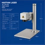 Portable JPT 20W M8 fiber laser marking machine (MOPA) by Haotian Laser with compact design, 110x110mm working area and 400x250mm metal base plate, shown on blueprint-style background
