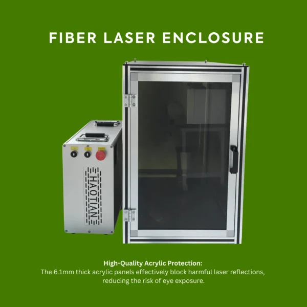 Fully enclosed fiber laser workstation for Class 1 eye safety and dust protection.