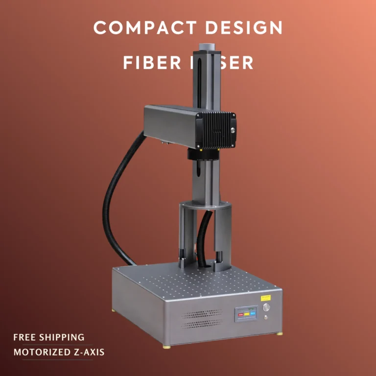 Space-saving compact fiber laser marker with JPT and Raycus source options for professional metal engraving