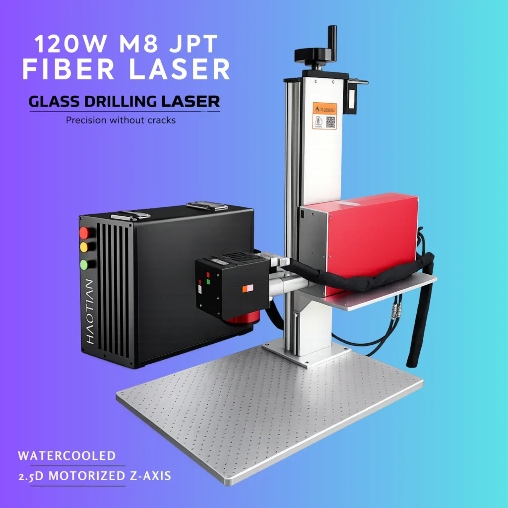 High-precision glass drilling process using a 120W JPT M8 MOPA fiber laser with adjustable pulse control.