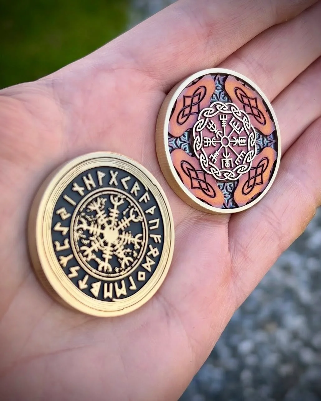 3D brass coins with Viking rune design deep engraved and color marked using 50W JPT M8 MOPA fiber laser