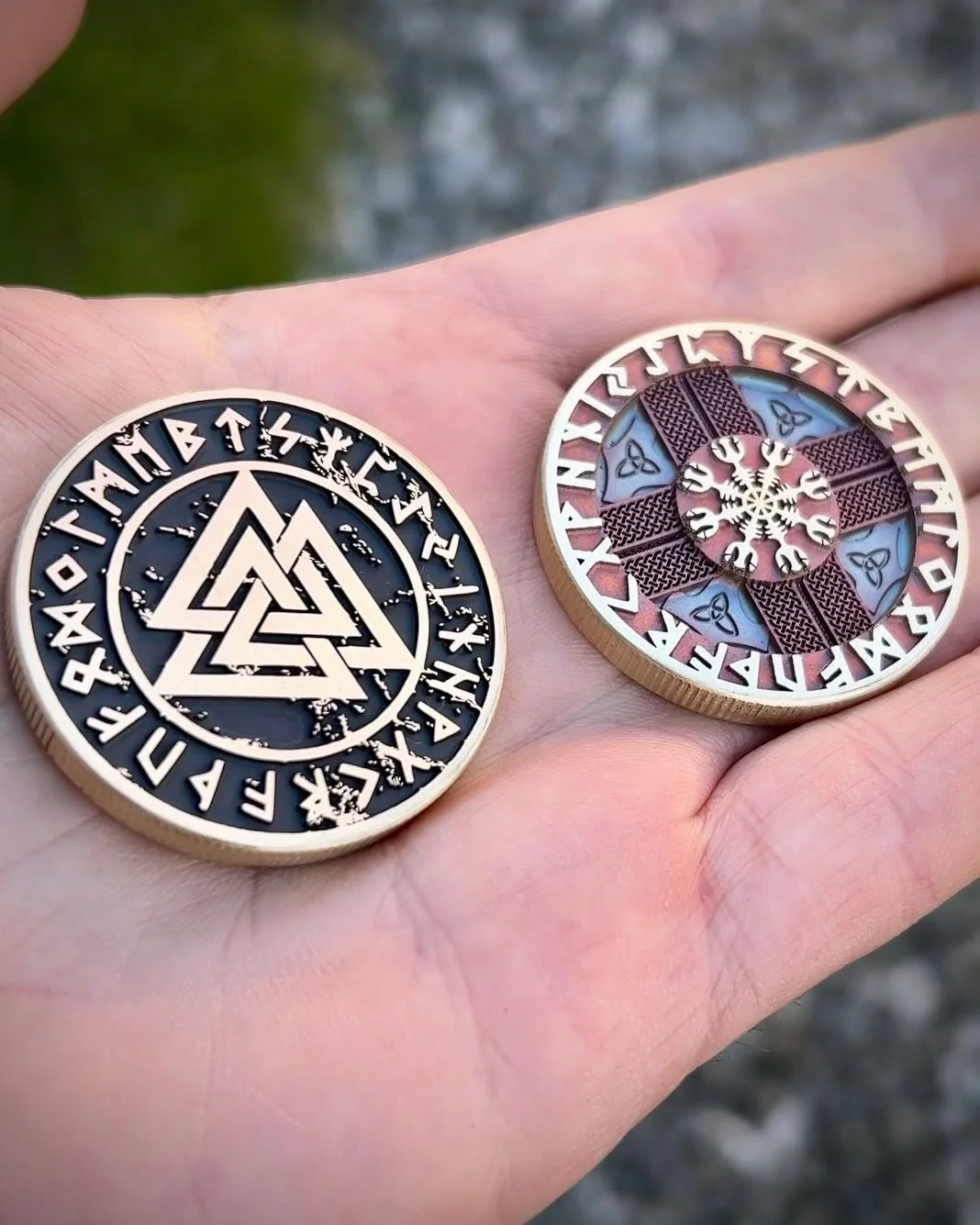 Custom 3D brass challenge coins with color engraving made on Haotian 50W fiber laser engraver