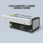 Rear view of 40x60 100W CO2 laser cutter showing exhaust ports and power connection on a blue background.