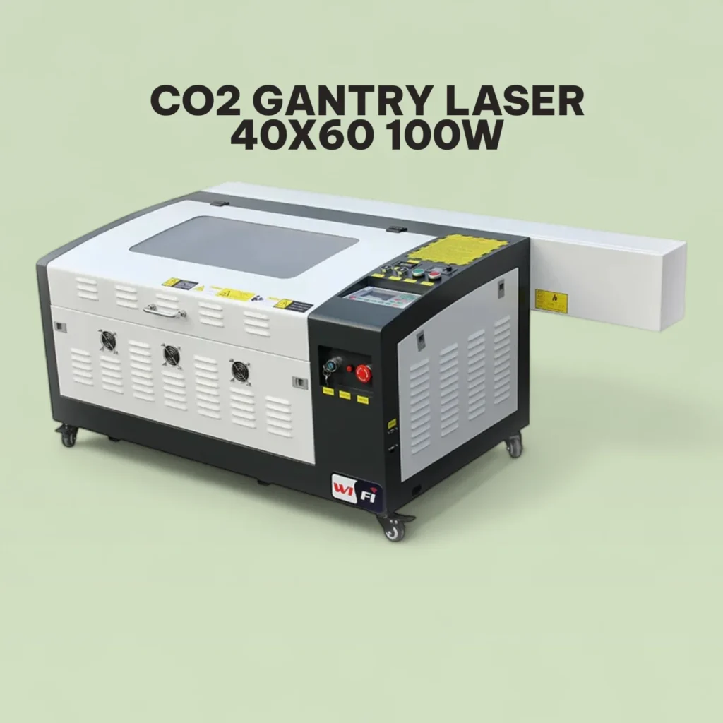 Compact 40x60 CO2 gantry laser with 100W power, control panel, and emergency stop button.