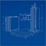 Haotian fiber laser technical blueprint poster with 500mm tower, white schematic line drawing on cobalt-blue grid background showing machine dimensions and galvo laser layout.