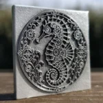 Metal plate with deep 3D relief steampunk seahorse and gears, engraved with 60W JPT EM7 MOPA fiber laser