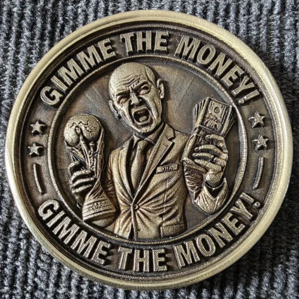 Brass satire coin with 3D relief figure holding a trophy and cash, engraved with 100W JPT M7 MOPA fiber laser