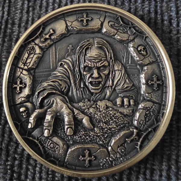 Brass coin with 3D relief horror figure rising from a grave, engraved with 100W JPT M7 MOPA fiber laser
