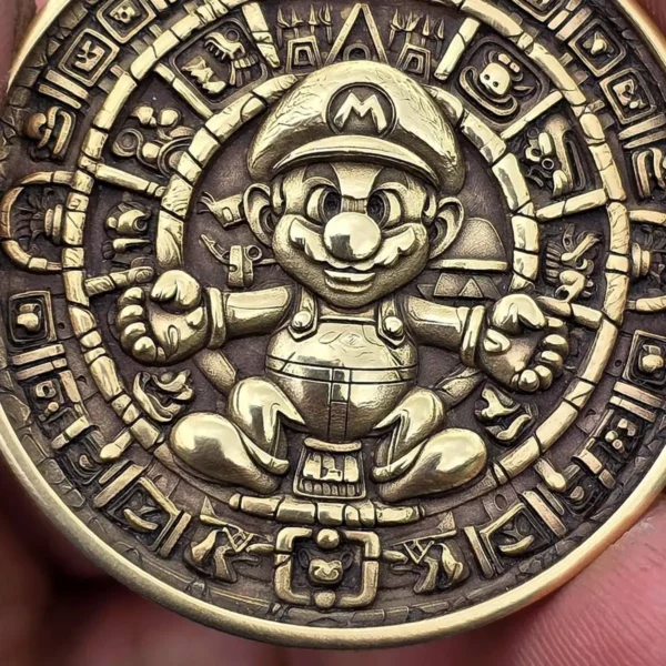 Brass coin with 3D relief Mayan calendar style design engraved with 100W JPT M7 MOPA fiber laser