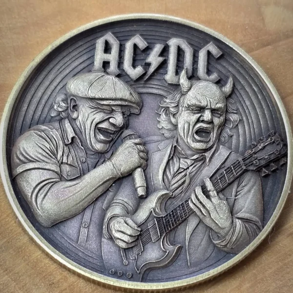 Brass coin with detailed 3D relief of rock musicians engraved with 100W JPT M7 MOPA fiber laser