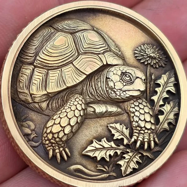 Brass coin with 3D relief tortoise and dandelions engraved with 100W JPT M7 MOPA fiber laser