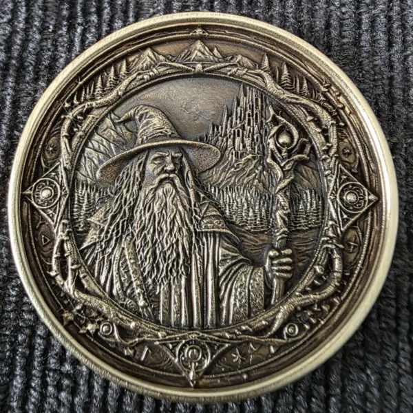 Deep 3D relief wizard coin engraved in brass with a MOPA fiber laser