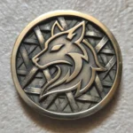 Brass coin with 3D relief wolf head over a woven pattern, engraved with 60W JPT EM7 MOPA fiber laser