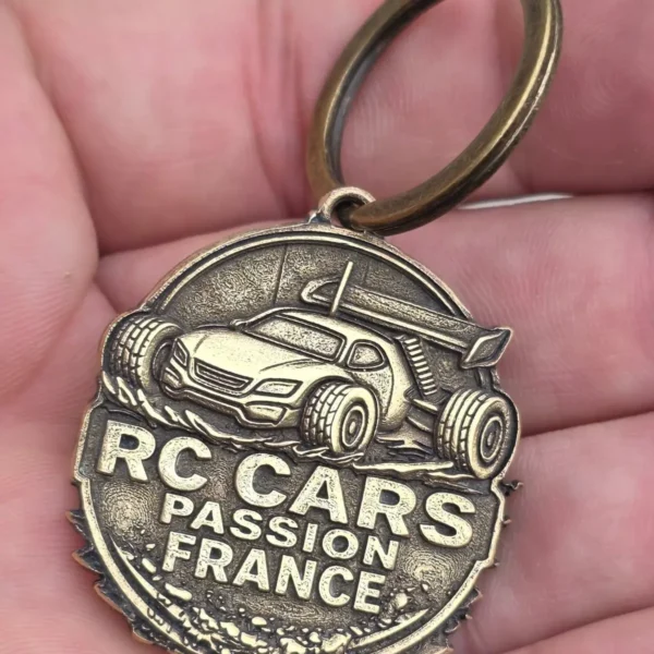 Brass club keychain with 3D relief RC car engraved with 100W JPT M7 MOPA fiber laser