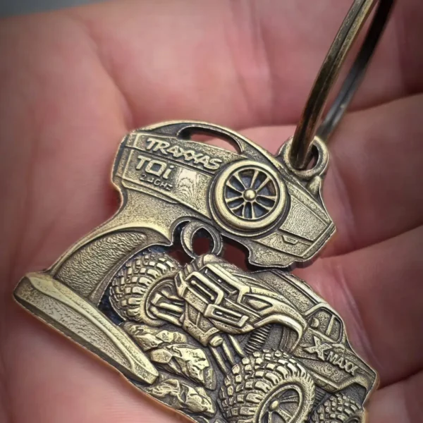 Brass keychain with 3D relief RC truck and remote design engraved with 100W JPT M7 MOPA fiber laser