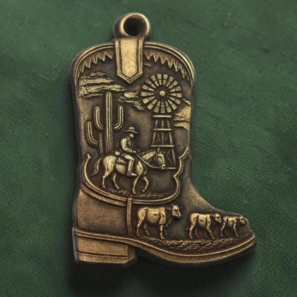 Brass cowboy boot pendant with 3D relief rider, cattle, cactus and windmill engraved with 60W JPT EM7 MOPA fiber laser