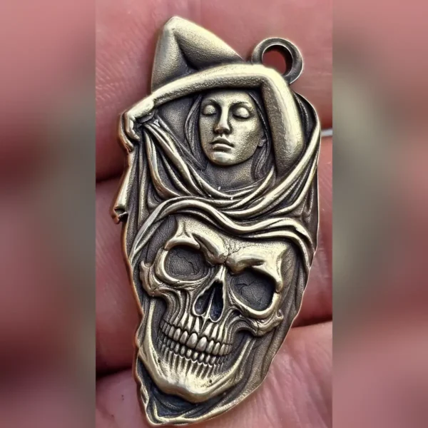 Brass pendant with 3D relief skull and female portrait engraved with 100W JPT M7 MOPA fiber laser