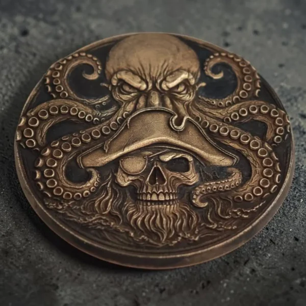 Copper coin with 3D relief octopus and bearded pirate skull engraved with 60W JPT EM7 MOPA fiber laser