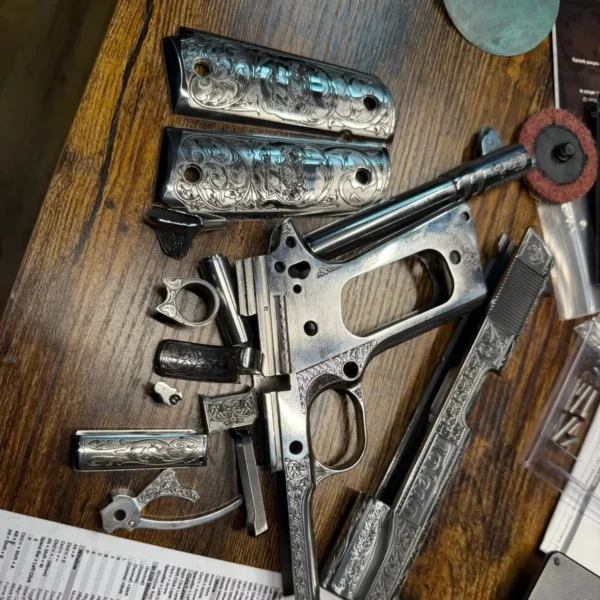 1911 pistol parts with scroll engraving made with 100W JPT M7 MOPA fiber laser