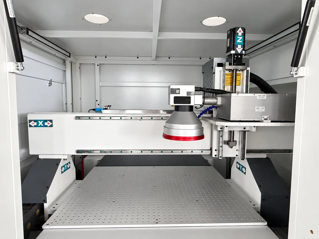 Inside a Haotian large format gantry laser marking system with X, Y and Z axis