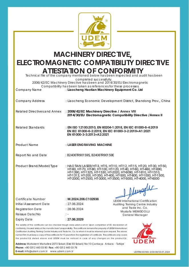Haotian Laser CE attestation of conformity certificate issued by UDEM, valid until 2029