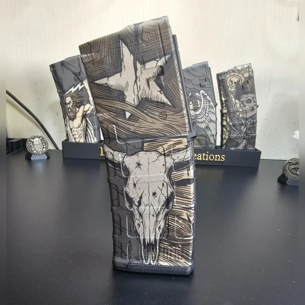 Polymer magazine engraved with a longhorn skull and star design using 60W JPT EM7 MOPA fiber laser