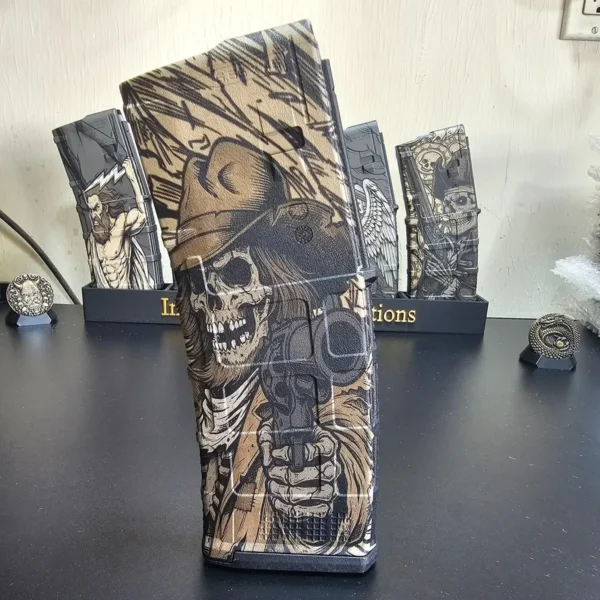 Polymer magazine engraved with a skeleton gunslinger in multiple tones using 60W JPT EM7 MOPA fiber laser