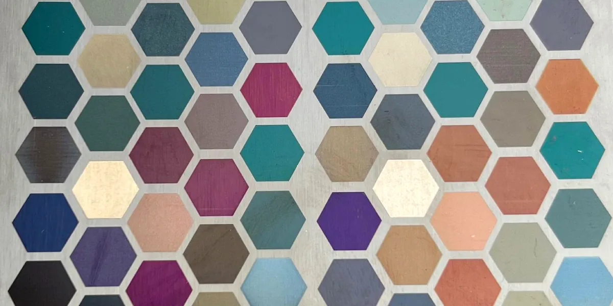 MOPA fiber laser color marking palette with dozens of hexagon color samples on stainless steel