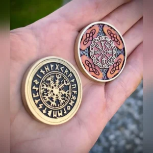 Brass coins with Norse runes and Aegishjalmur symbol, engraved and colour filled with 50W JPT M8 MOPA fiber laser